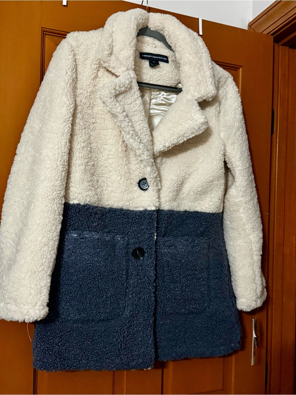 French Connection Two-Tone Sherpa Coat - Cream and Navy